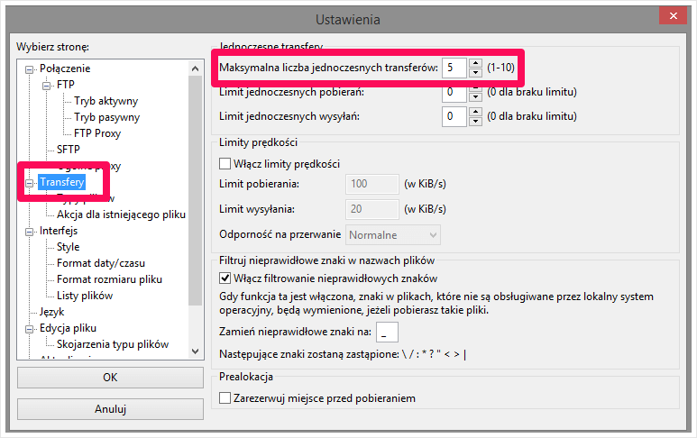 Zwiększenie liczby jednocześnie wysyłanych plików w FileZilla